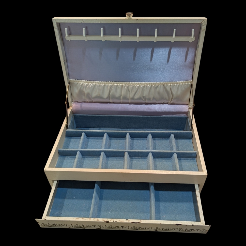 60s Mele & Co. Large Cream W Blue Interior, 3 Tiered, Pop Out Drawer Jewelry Box